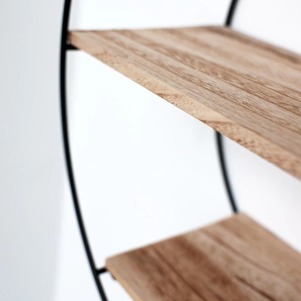 Zwart Metalen Wandrek Met 3 Houten Plankjes - Rond - 50x19 Cm 4 Zwart Metalen Wandrek Met 3 Houten Plankjes - Rond - 50x19 Cm - Afbeelding 4