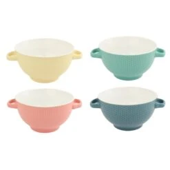 OTIX Soepkommen Met Oor Set Van 4 Verschillende Kleuren Aardewerk 680 Ml