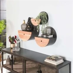 Industrieel Rond Wandrek Hout En Metaal Tim Ø 30 Cm - 25x30x30 Cm - Hout - Zwart -Woninginrichting Winkel 1000098595 0102