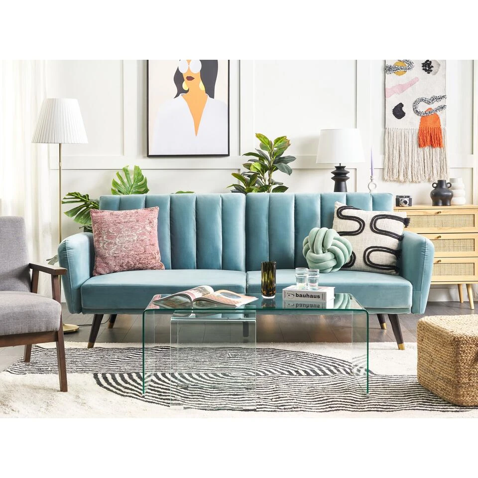 Beliani Slaapbank - VIMMERBY Blauw Fluweel 2 Beliani Slaapbank - VIMMERBY Blauw Fluweel - Afbeelding 2