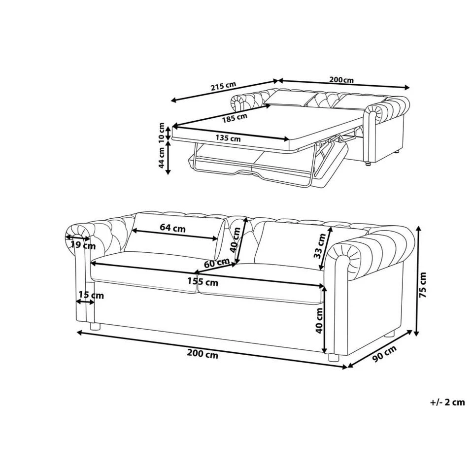 Beliani Driezitsbank - CHESTERFIELD Zwart Fluweel 2 Beliani Driezitsbank - CHESTERFIELD Zwart Fluweel - Afbeelding 2
